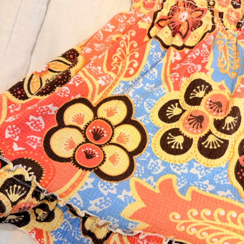Lovebird Girls Floral Paisley Smocked Top Orange Blue Boho Ruffle Blouse L 14/16 - Picture 5 of 5